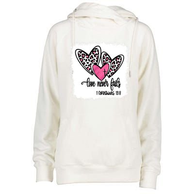 Leopard And Pink Heart Print Valentine Love Never Fails Funny Gift Womens Funnel Neck Pullover Hood