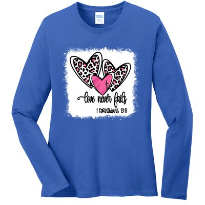 Leopard And Pink Heart Print Valentine Love Never Fails Funny Gift Ladies Long Sleeve Shirt