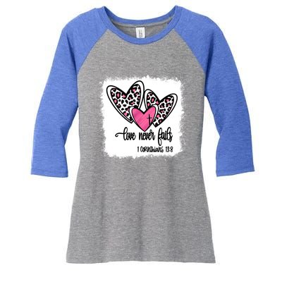 Leopard And Pink Heart Print Valentine Love Never Fails Funny Gift Women's Tri-Blend 3/4-Sleeve Raglan Shirt