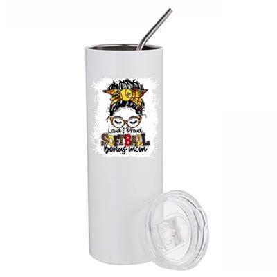 Loud And Proud Softball Bonus Mom Messy Bun Game Day Vibes Cute Gift Stainless Steel Tumbler