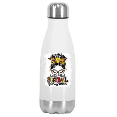 Loud And Proud Softball Bonus Mom Messy Bun Game Day Vibes Cute Gift Stainless Steel Insulated Water Bottle