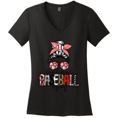 Loud And Proud Baseball Mom Messy Bun Funny Mothers Day 2024 Women's V-Neck T-Shirt
