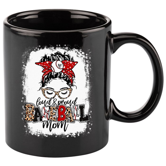 Loud And Proud BaseBall Mom Life Messy Bun Leopard 11oz C Handle Ceramic Mug