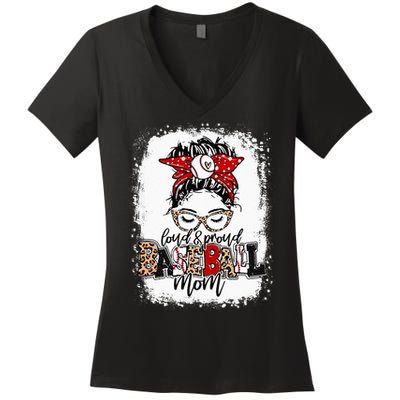 Loud And Proud BaseBall Mom Life Messy Bun Leopard Women's V-Neck T-Shirt