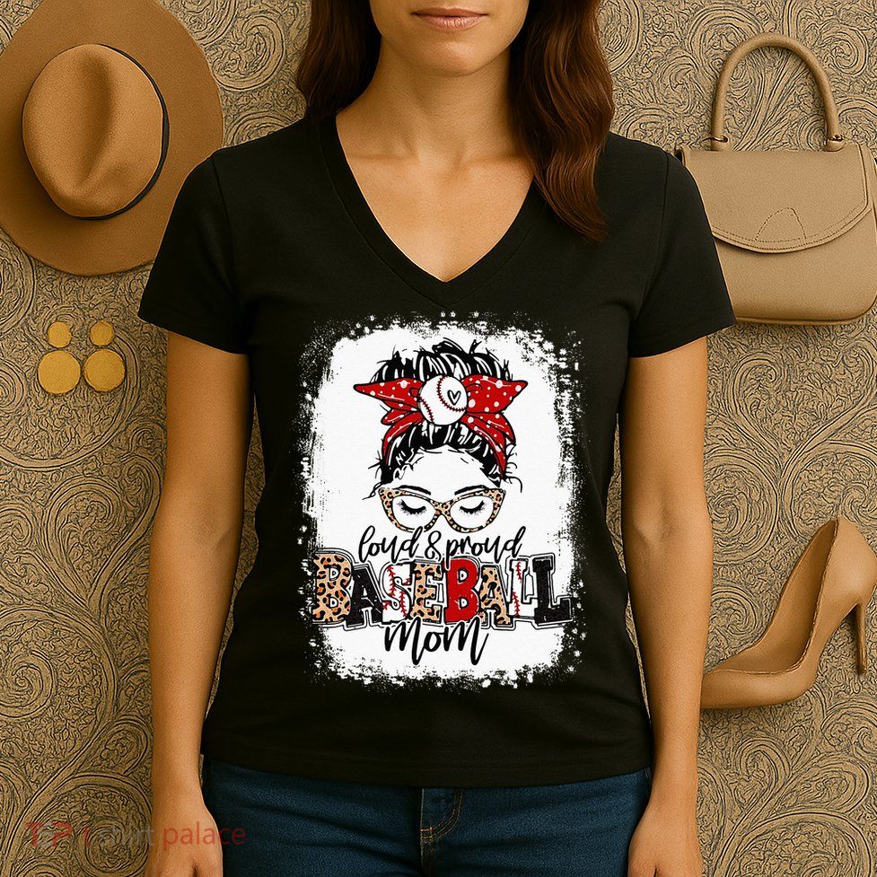 Loud And Proud BaseBall Mom Life Messy Bun Leopard Women's V-Neck T-Shirt