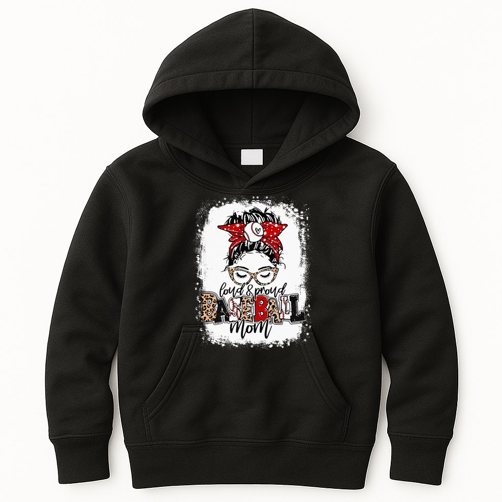 Loud And Proud BaseBall Mom Life Messy Bun Leopard Kids Hoodie