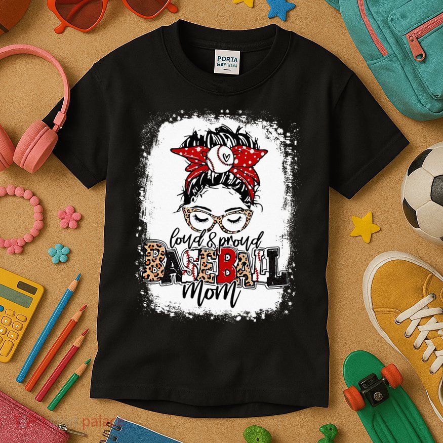 Loud And Proud BaseBall Mom Life Messy Bun Leopard Kids T-Shirt