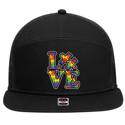 Love Autism Puzzle Piece 7 Panel Mesh Trucker Snapback Hat