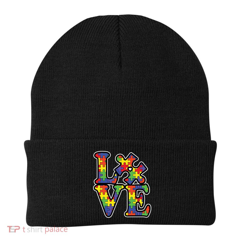 Love Autism Puzzle Piece Knit Cap Winter Beanie
