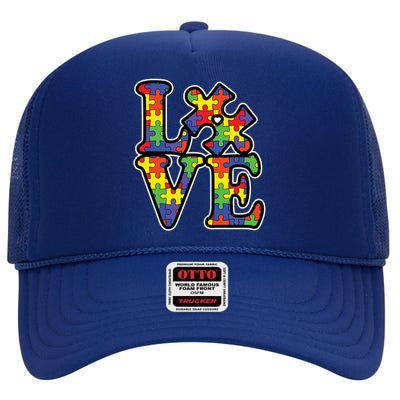 Love Autism Puzzle Piece High Crown Mesh Back Trucker Hat