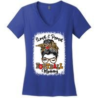 Loud And Proud Football Mommy Messy Bun Bleached Meaningful Gift Women's V-Neck T-Shirt