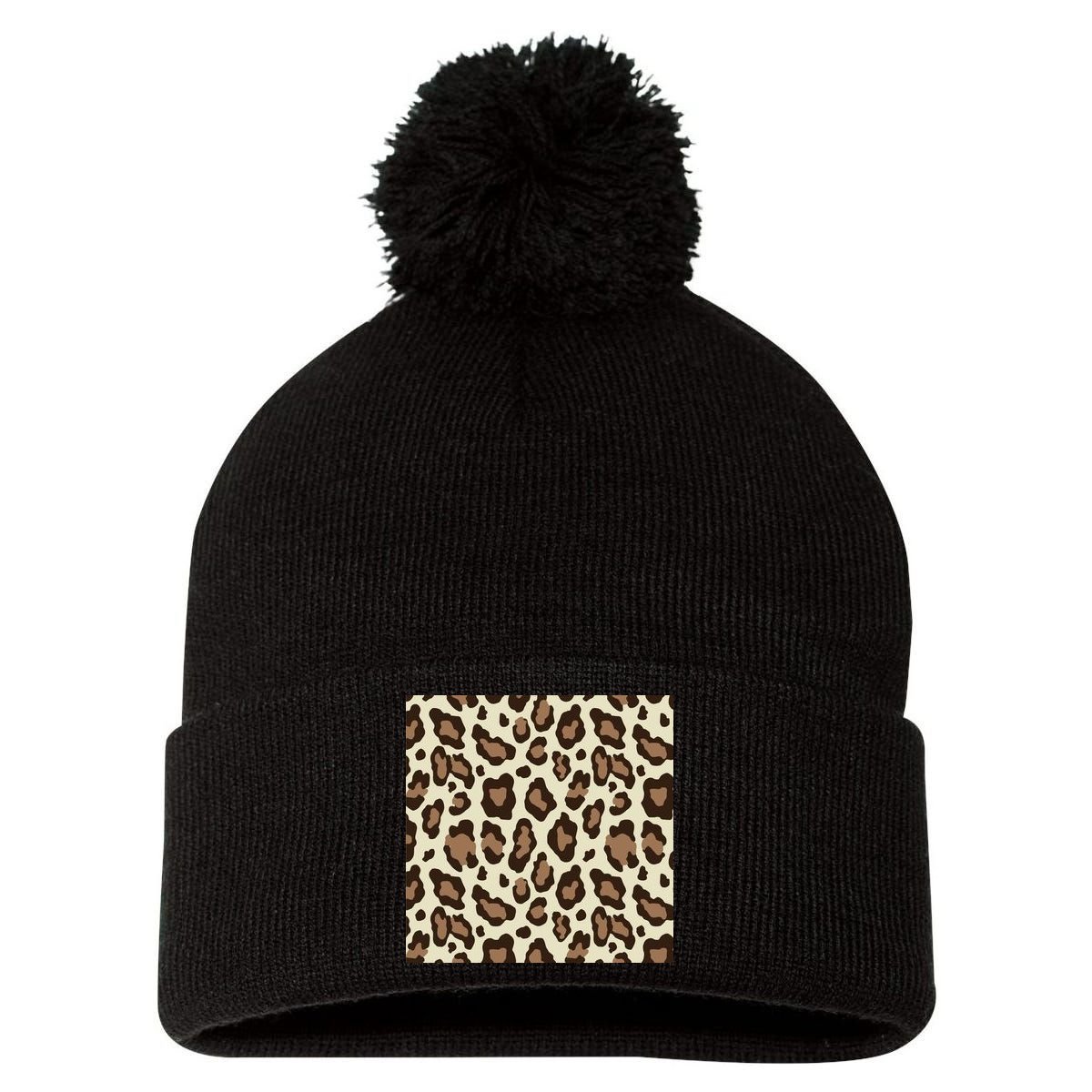 Leopard Animal Print Pattern Pom Pom 12in Knit Beanie
