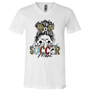 Loud And Proud Soccer Mom Bleached Messy Bun Game Day V-Neck T-Shirt