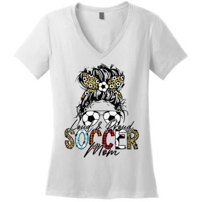 Loud And Proud Soccer Mom Bleached Messy Bun Game Day Women's V-Neck T-Shirt