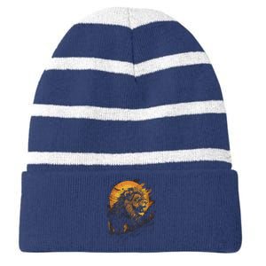 Lion Animal Retro Style Graphic Tee for Boy Girl Striped Beanie with Solid Band