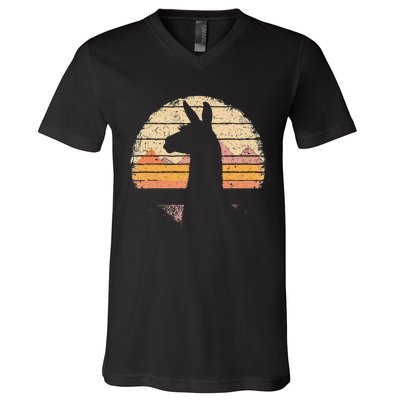 Llama Alpaca Retro 70s 80s Graphic Vintage Women V-Neck T-Shirt