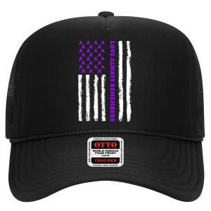 Love Always Remembers Alzheimer's American Flag High Crown Mesh Back Trucker Hat