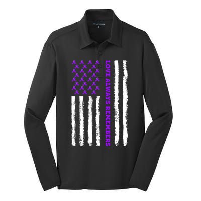 Love Always Remembers Alzheimer's American Flag Silk Touch Performance Long Sleeve Polo