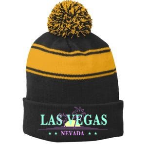 Las Vegas Retro Sunset Palm Trees Stripe Pom Pom Beanie