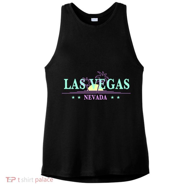 Las Vegas Retro Sunset Palm Trees Ladies PosiCharge Tri-Blend Wicking Tank