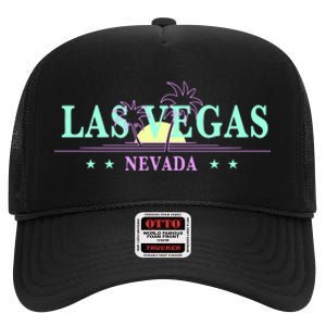 Las Vegas Retro Sunset Palm Trees High Crown Mesh Back Trucker Hat