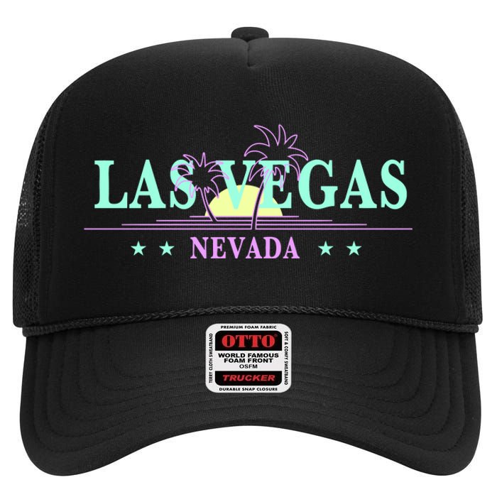 Las Vegas Retro Sunset Palm Trees High Crown Mesh Back Trucker Hat