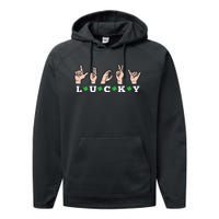 Lucky ASL St Patricks Day Shamrock Sign Language Deaf Mute Performance Fleece Hoodie