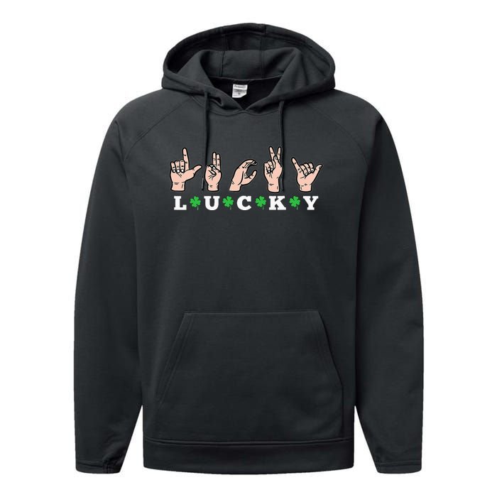 Lucky ASL St Patricks Day Shamrock Sign Language Deaf Mute Performance Fleece Hoodie