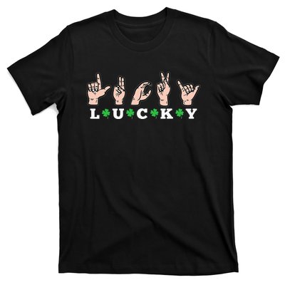 Lucky ASL St Patricks Day Shamrock Sign Language Deaf Mute T-Shirt