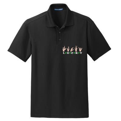 Lucky ASL St Patricks Day Shamrock Sign Language Deaf Mute Dry Zone Grid Polo