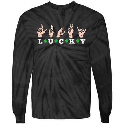 Lucky ASL St Patricks Day Shamrock Sign Language Deaf Mute Tie-Dye Long Sleeve Shirt