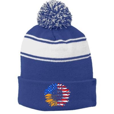 Love America Sunflower Fan America Flag Stars And Stripes Gift Stripe Pom Pom Beanie