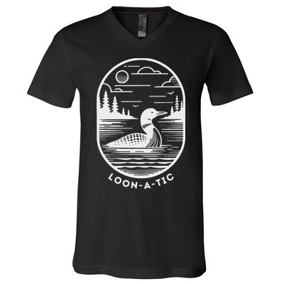 Loon A Tic Funny Common Loon Minnesota Lake Loon V-Neck T-Shirt