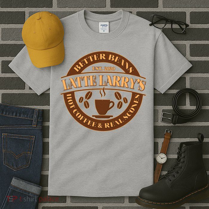 Latte Larry's Better Beans Hot Coffee & Real Scones Emblem Tall T-Shirt
