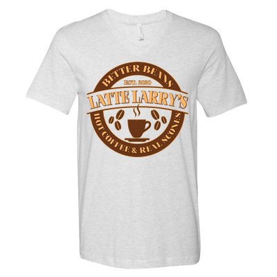 Latte Larry's Better Beans Hot Coffee & Real Scones Emblem V-Neck T-Shirt