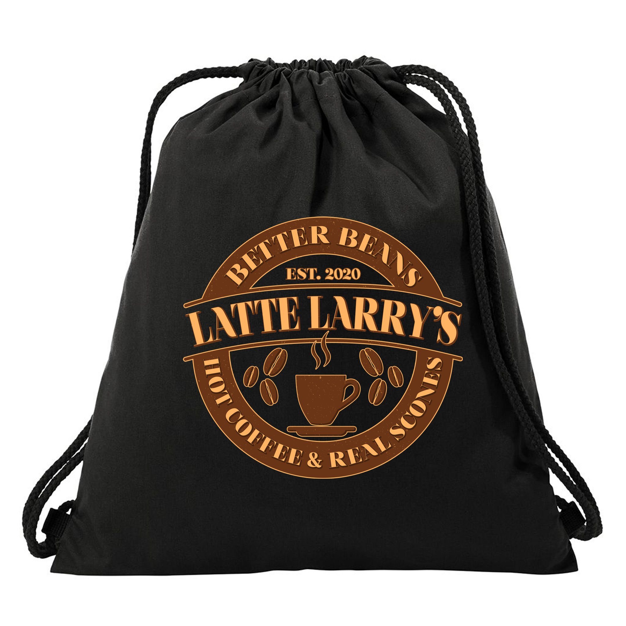 Latte Larry's Better Beans Hot Coffee & Real Scones Emblem Drawstring Bag