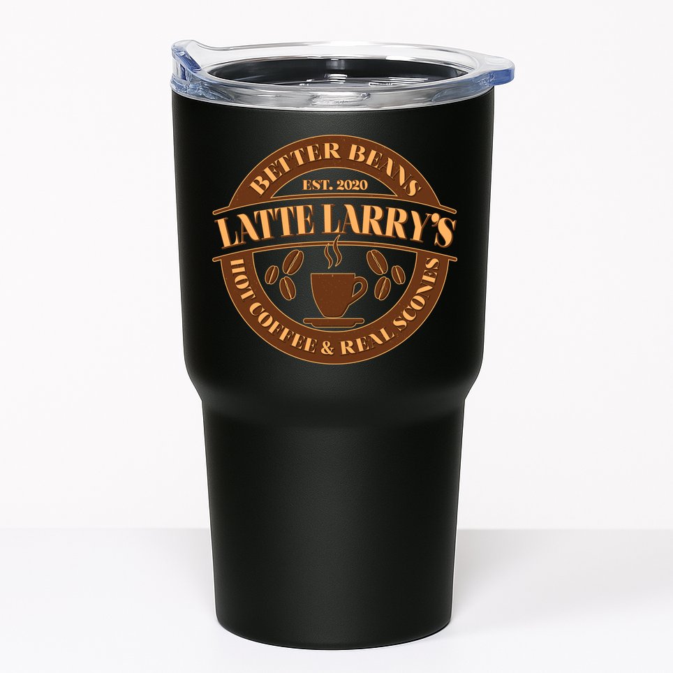 Latte Larry's Better Beans Hot Coffee & Real Scones Emblem Tumbler