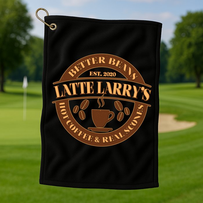 Latte Larry's Better Beans Hot Coffee & Real Scones Emblem Golf Towel