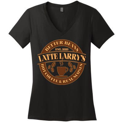 Latte Larry's Better Beans Hot Coffee & Real Scones Emblem Women's V-Neck T-Shirt