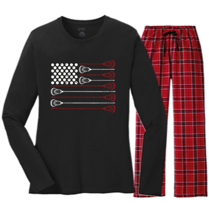 Lacrosse American USA Flag Women's Long Sleeve Flannel Pajama Set 