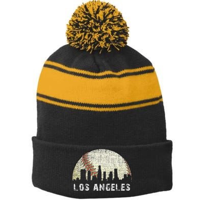 Los Angeles Vintage Baseball Distressed Gameday Retro Stripe Pom Pom Beanie