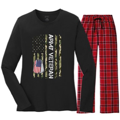 Love ARMY Veteran American Flag TShirt Women's Long Sleeve Flannel Pajama Set 