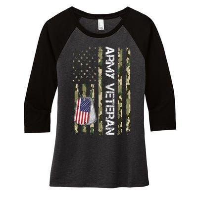 Love ARMY Veteran American Flag TShirt Women's Tri-Blend 3/4-Sleeve Raglan Shirt