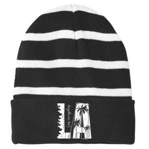 Los Angeles Women Graphic Tee Men California Print Striped Beanie with Solid Band