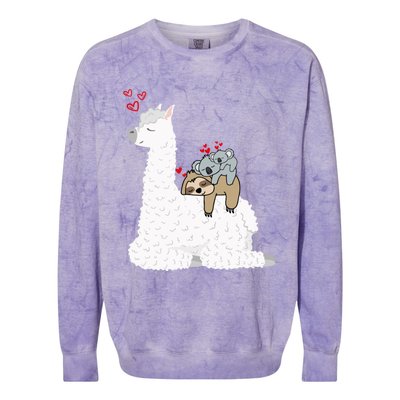 Llama Alpaca With Lazy Sloth Koala Mama Bear Valentines Gift Colorblast Crewneck Sweatshirt