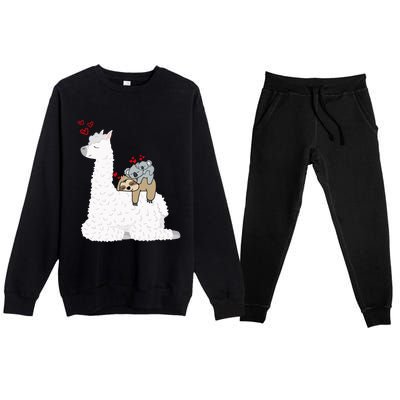 Llama Alpaca With Lazy Sloth Koala Mama Bear Valentines Gift Premium Crewneck Sweatsuit Set