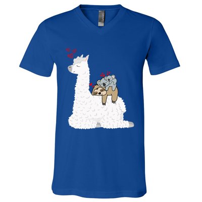 Llama Alpaca With Lazy Sloth Koala Mama Bear Valentines Gift V-Neck T-Shirt