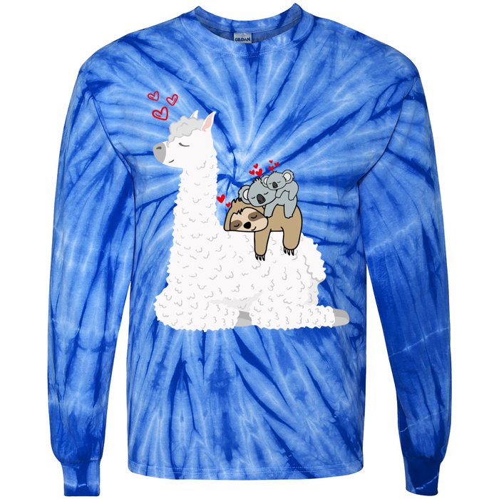 Llama Alpaca With Lazy Sloth Koala Mama Bear Valentines Gift Tie-Dye Long Sleeve Shirt