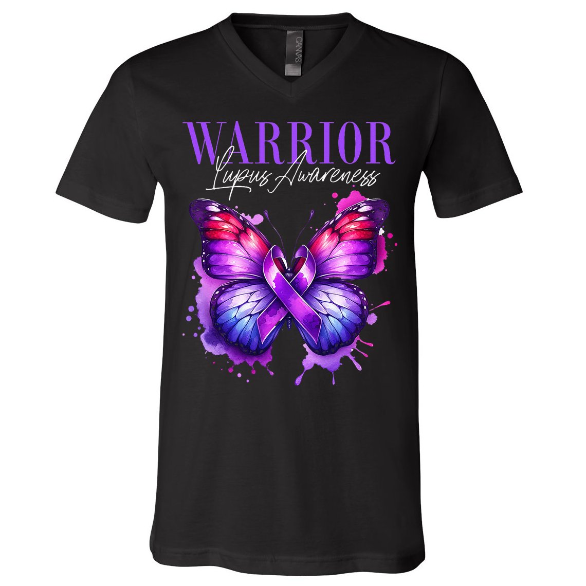 Lupus Awareness Warrior Survivor Purple Butterflies V-Neck T-Shirt