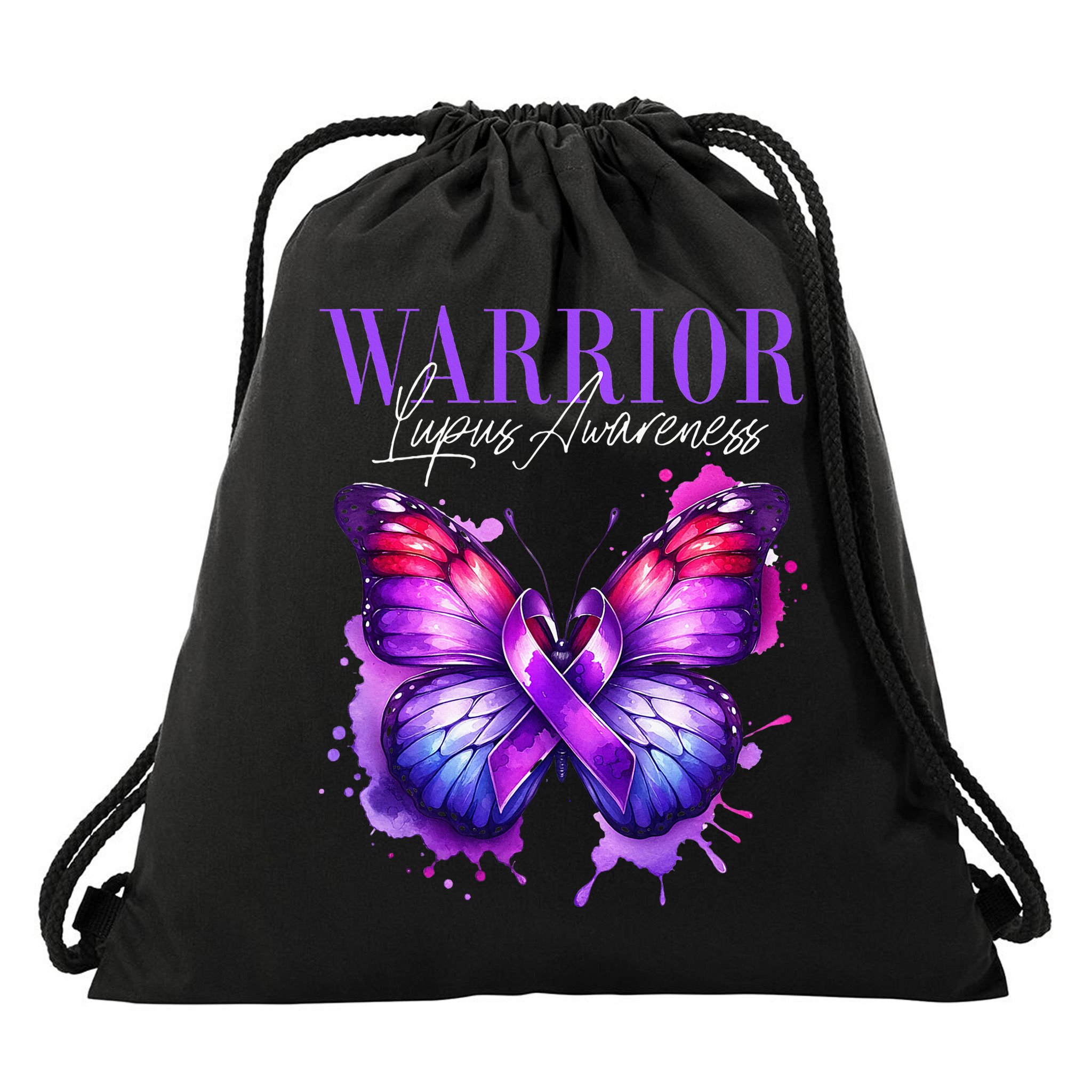 Lupus Awareness Warrior Survivor Purple Butterflies Drawstring Bag